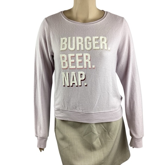 Wildfox Lilac Baggy Beach Jumper L Burger Beer Nap Graphic Sweatshirt - Picture 1 of 7